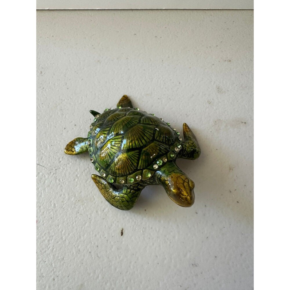 Bejeweled Green Sea Turtle Hand Painted Enamel Magnetic Hinged Trinket Box